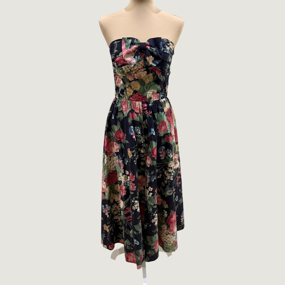 Vintage Opening Night Floral Strapless Bow Midi Dress Dark Romantic Cottage 7/8